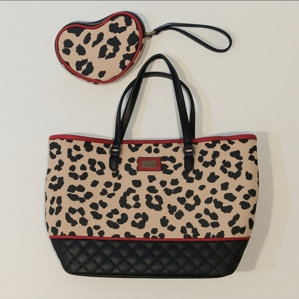 Betsey Johnson Y2K Leopard Tote & Heart Wristlet Glam Animal Print Shoulder Bag - Picture 2 of 14